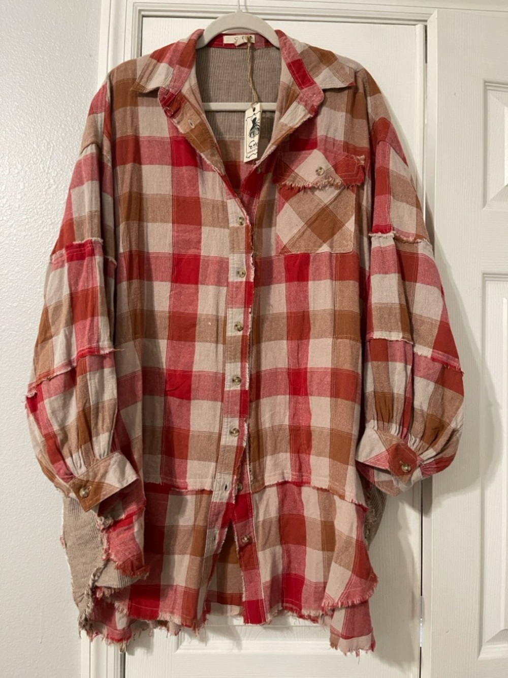 easel Red, Brown & Cream Plaid Button-Front Tunic Shirt
